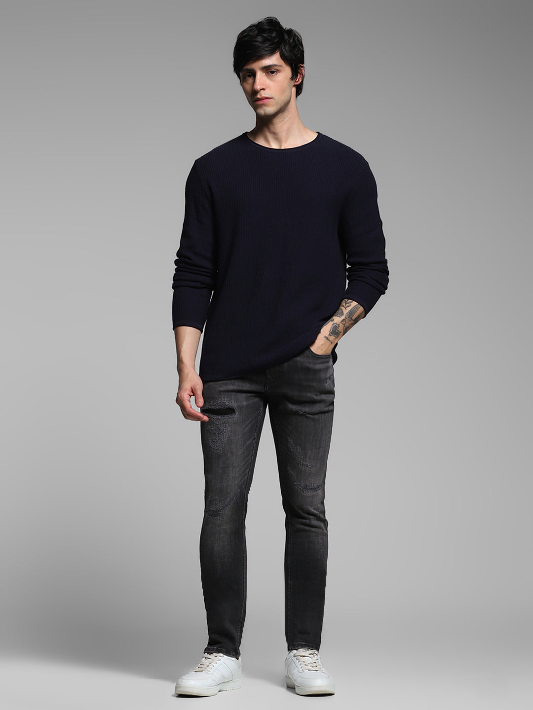 Men's Charcoal Skinny Fit Distressed Low Rise Jeans