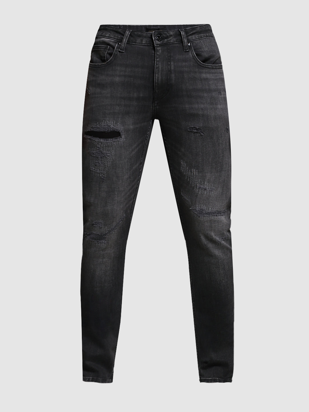Men's Charcoal Skinny Fit Distressed Low Rise Jeans