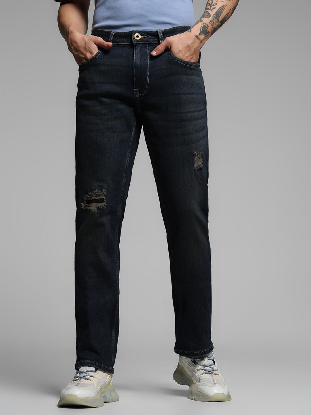 Dark Blue Distressed Clark Regular Fit Jeans