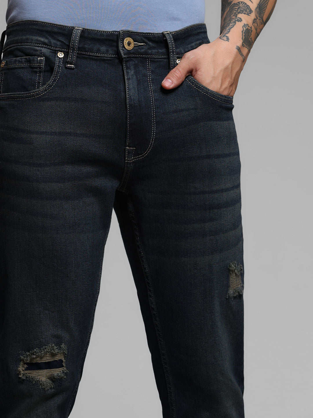 Dark Blue Distressed Clark Regular Fit Jeans