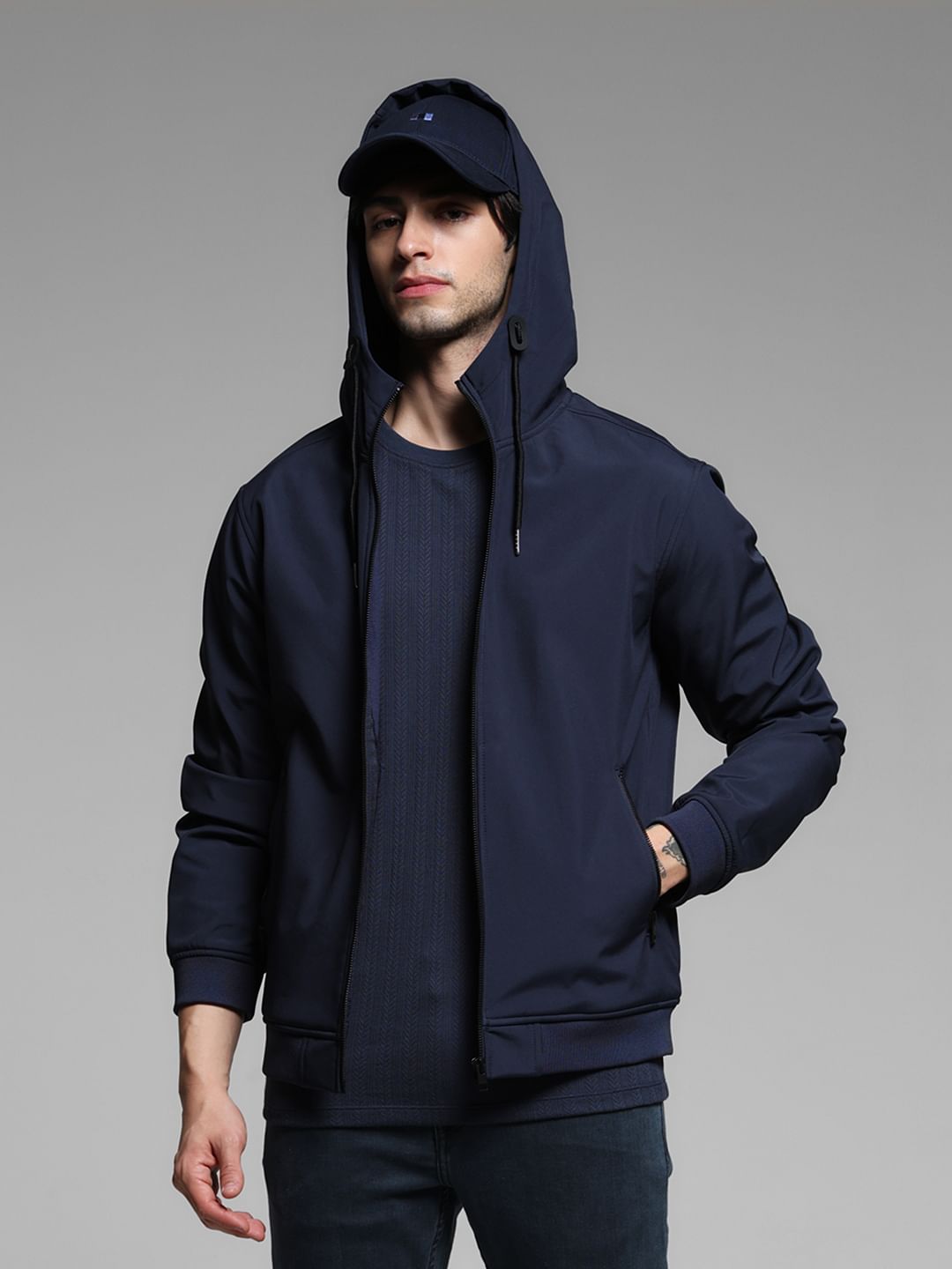 Navy Blue Softshell Hooded Windcheater - S