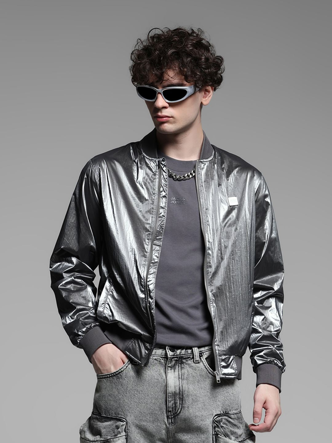 Metallic Grey Bomber Jacket - S
