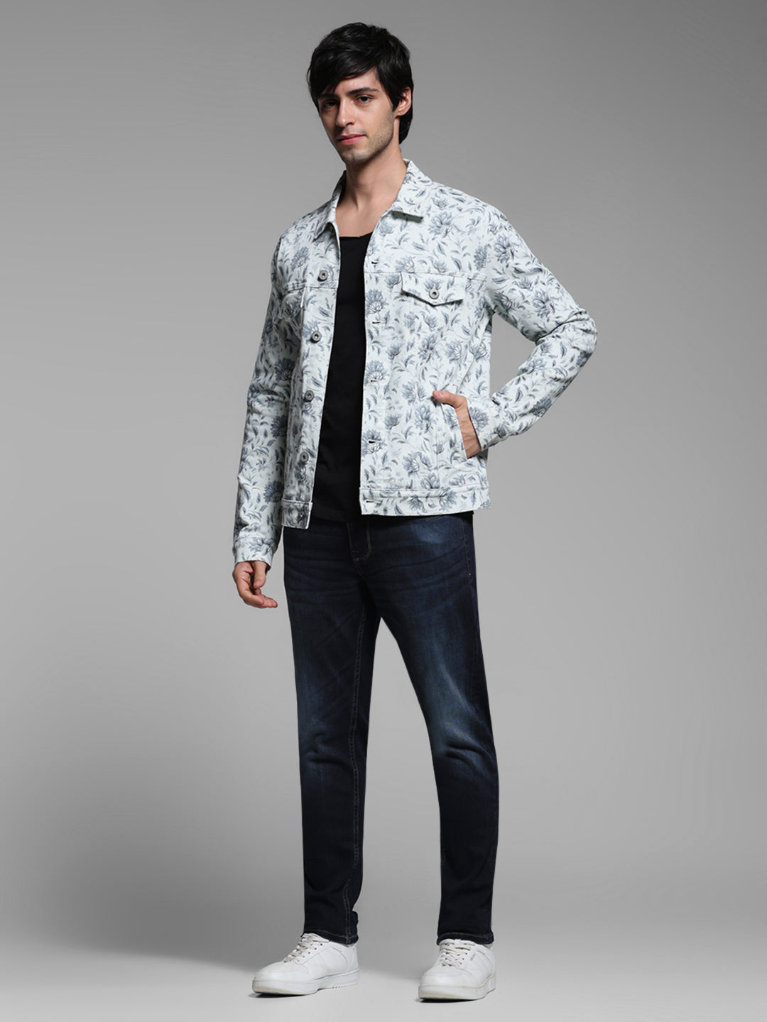 Men's Off White Floral Print Denim Jacket With Flap Pockets
