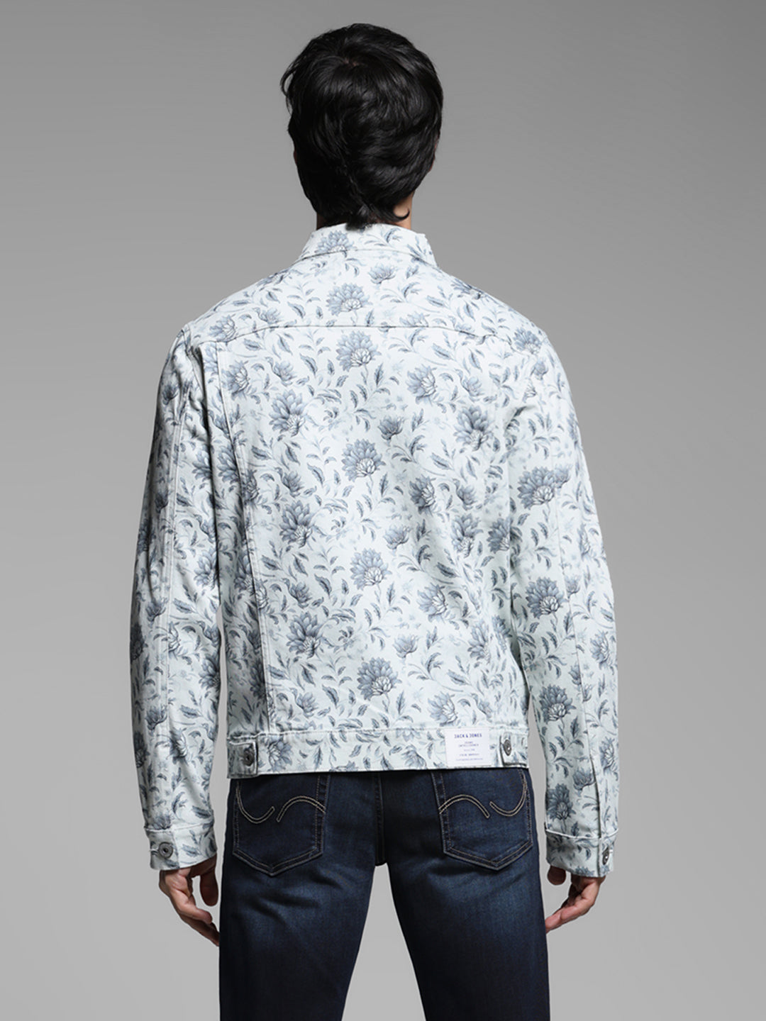Men's Off White Floral Print Denim Jacket With Flap Pockets