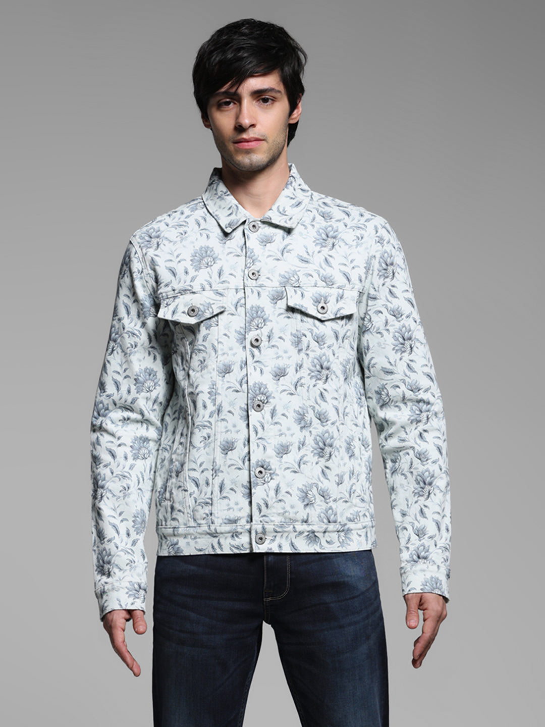 Men's Off White Floral Print Denim Jacket With Flap Pockets