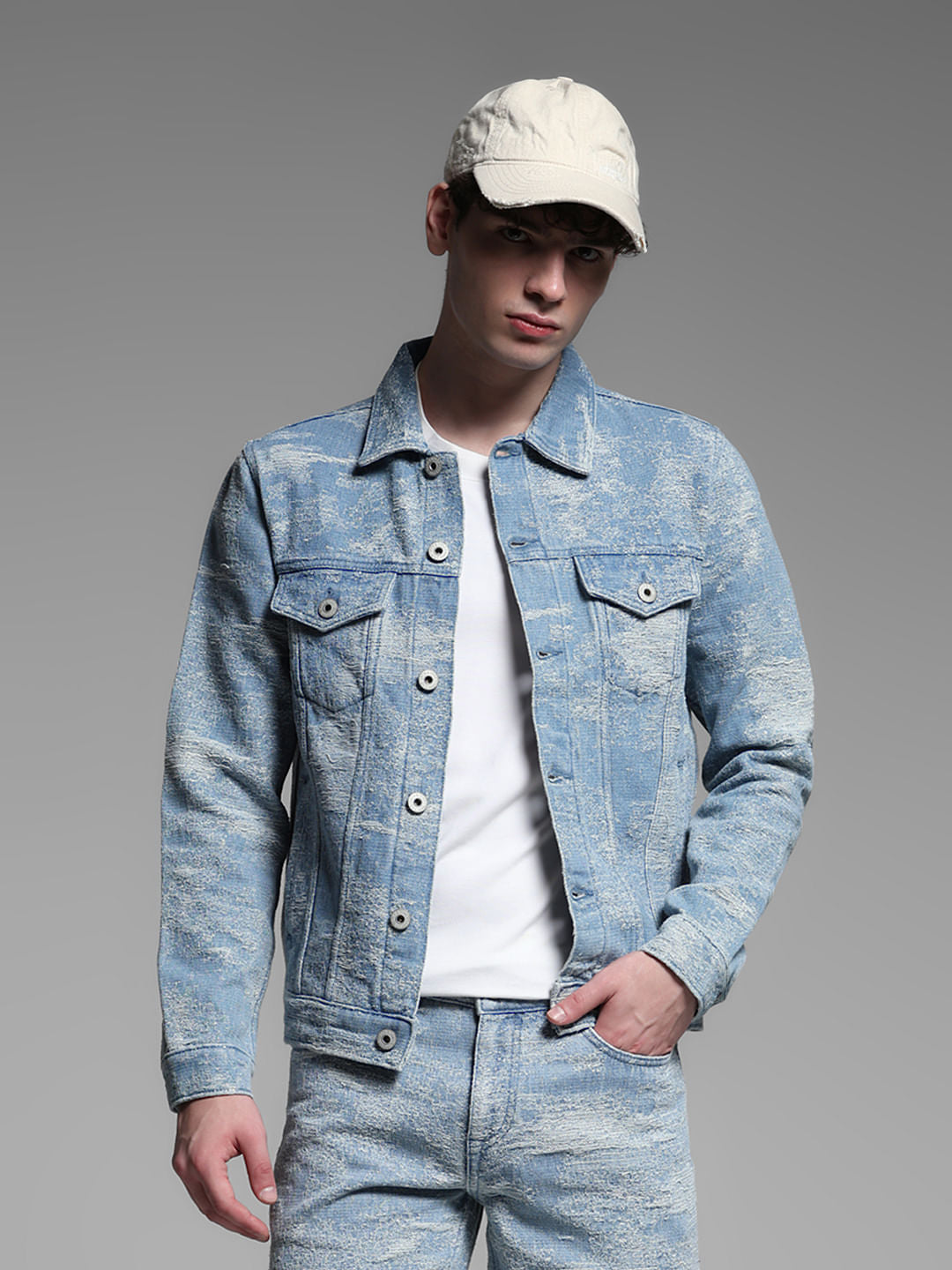 Light Blue Printed Co-ord Set Denim Jacket