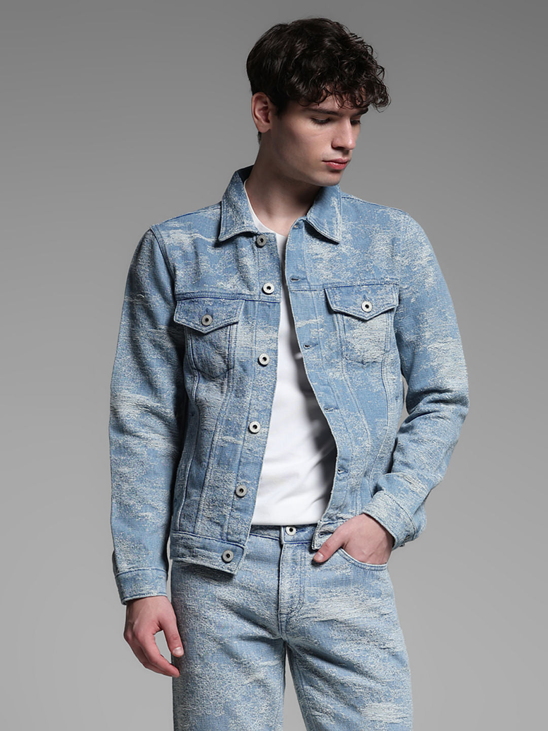 Light Blue Printed Co-ord Set Denim Jacket