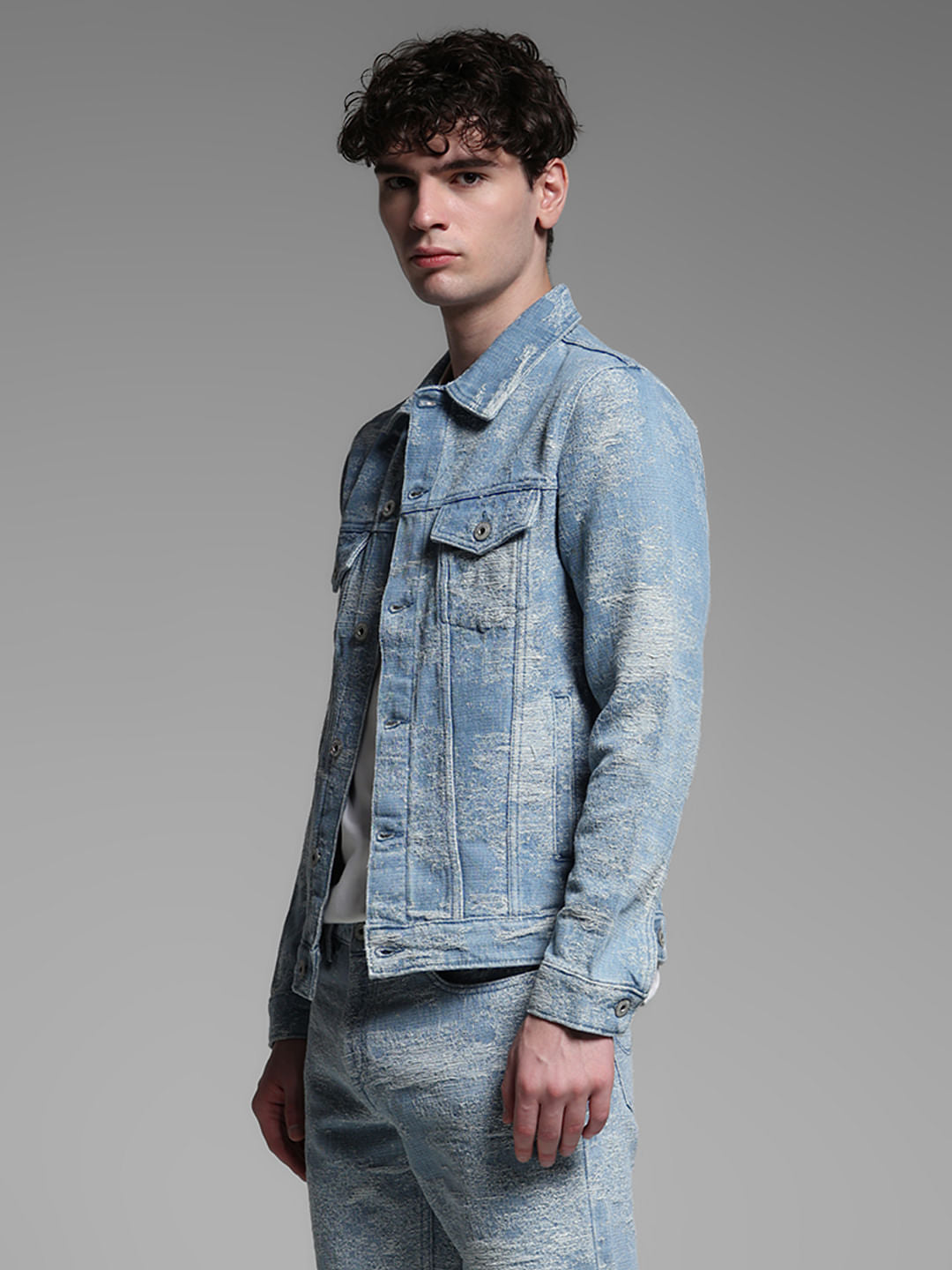 Light Blue Printed Co-ord Set Denim Jacket