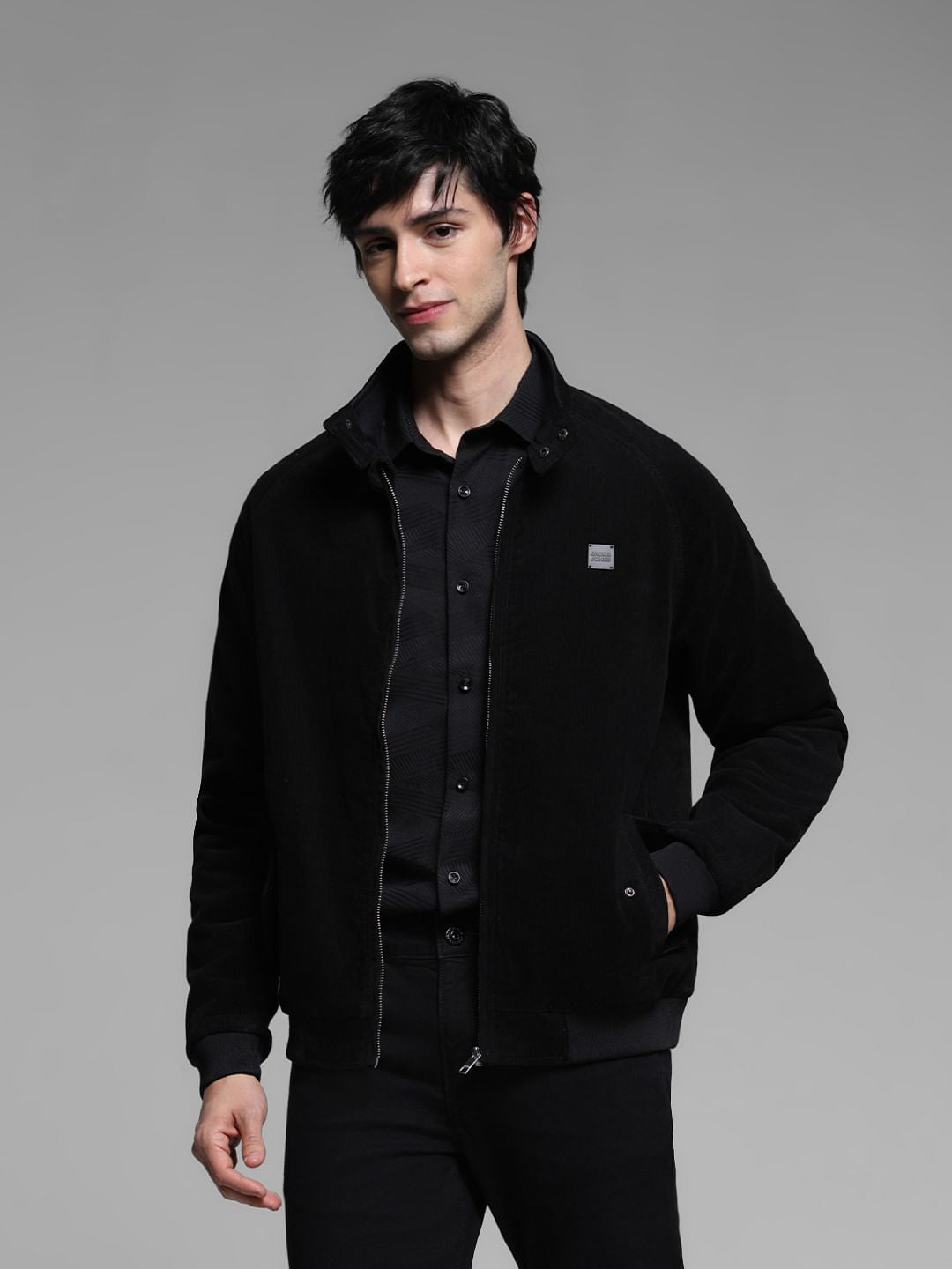 Black High Neck Corduroy Jacket - S