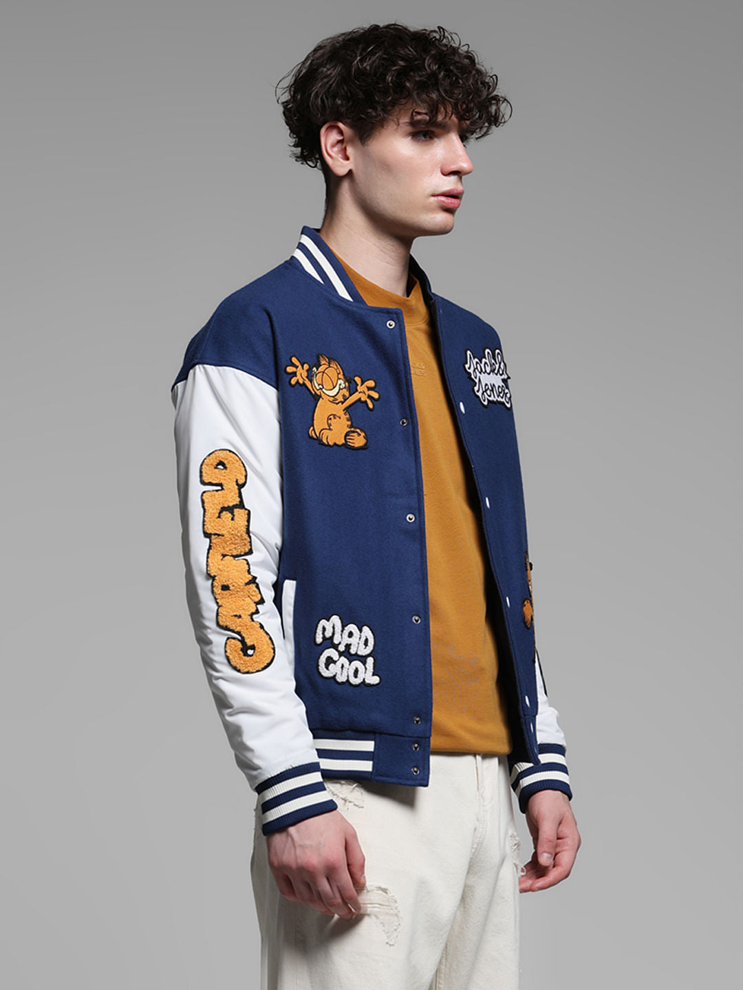 JACK&JONES X GARFIELD Blue Applique Patchwork Bomber Jacket