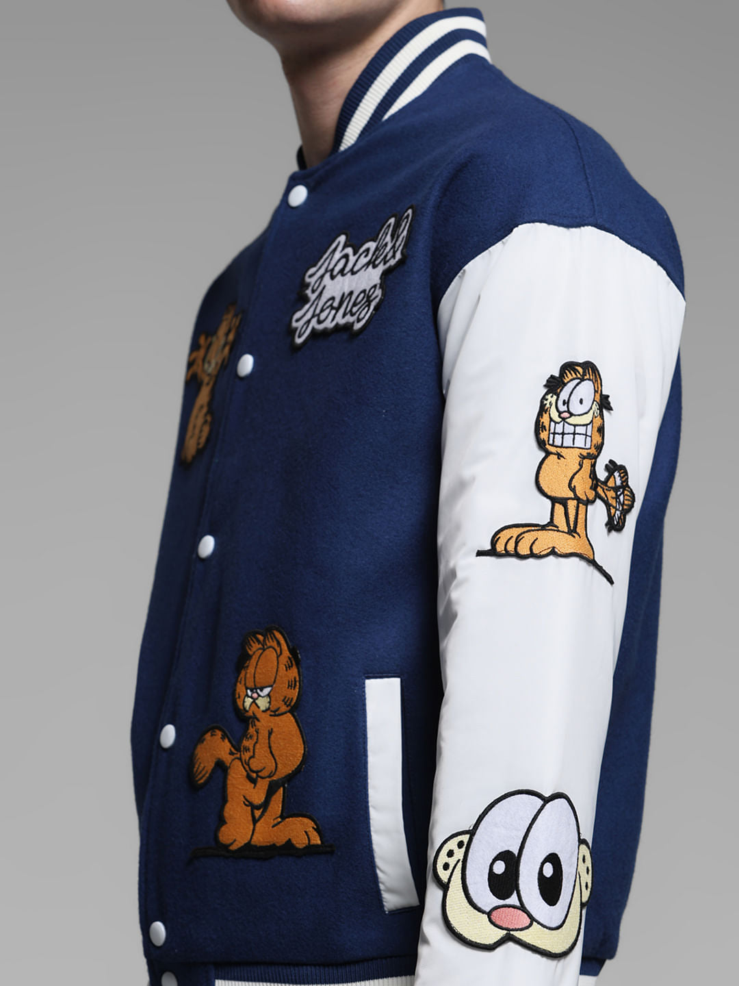 JACK&JONES X GARFIELD Blue Applique Patchwork Bomber Jacket