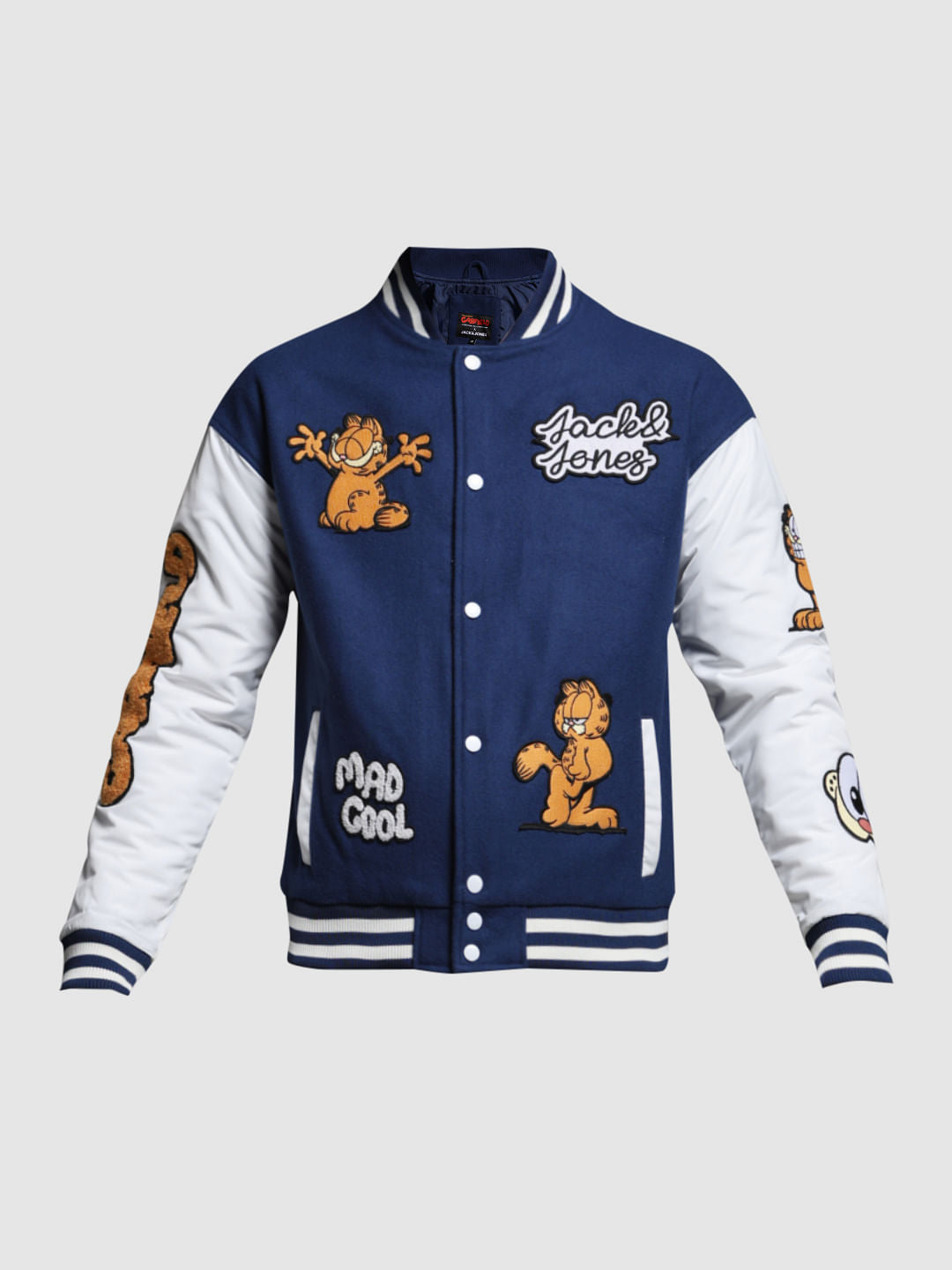 JACK&JONES X GARFIELD Blue Applique Patchwork Bomber Jacket