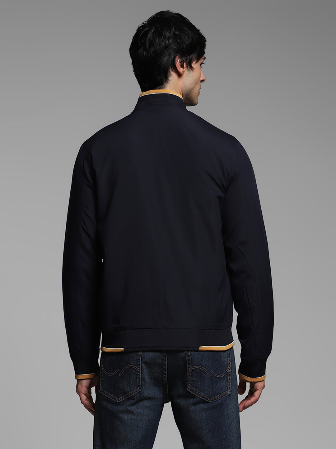 Men's Navy Blue Reversible Bomber Jacket With High Neck