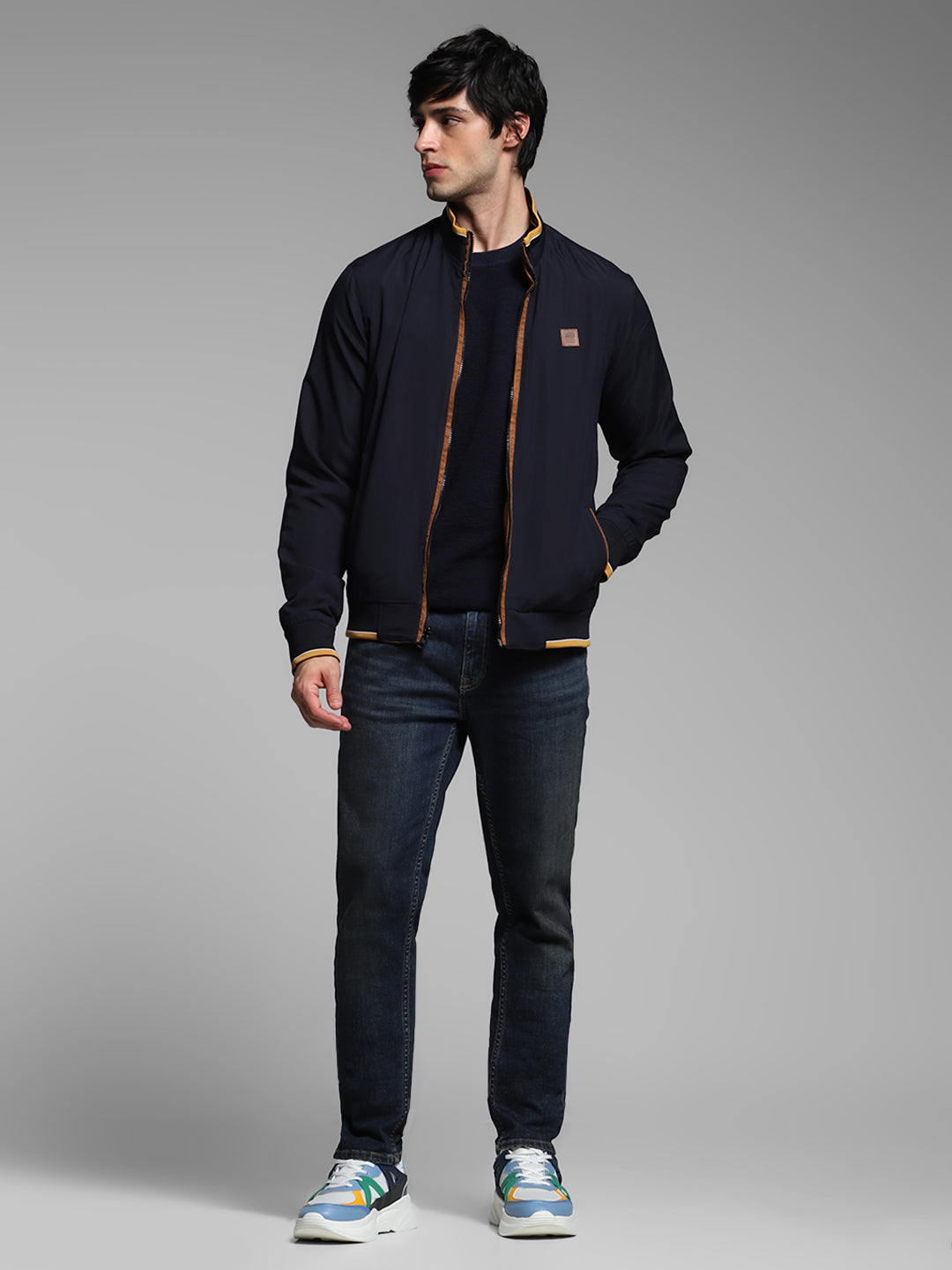 Men's Navy Blue Reversible Bomber Jacket With High Neck