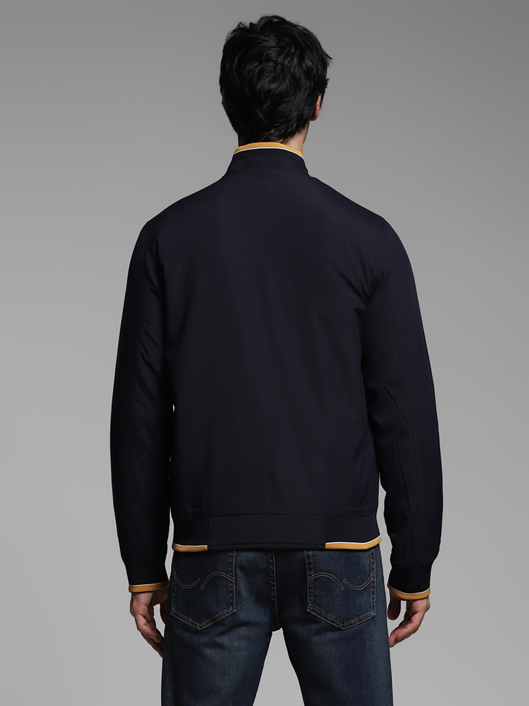 Men's Navy Blue Reversible Bomber Jacket With High Neck