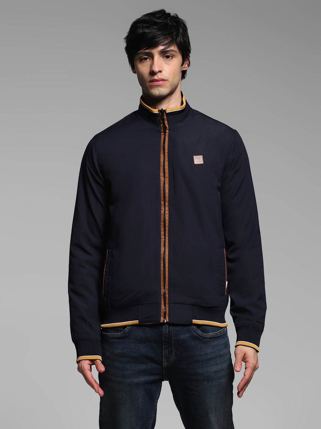 Men's Navy Blue Reversible Bomber Jacket With High Neck