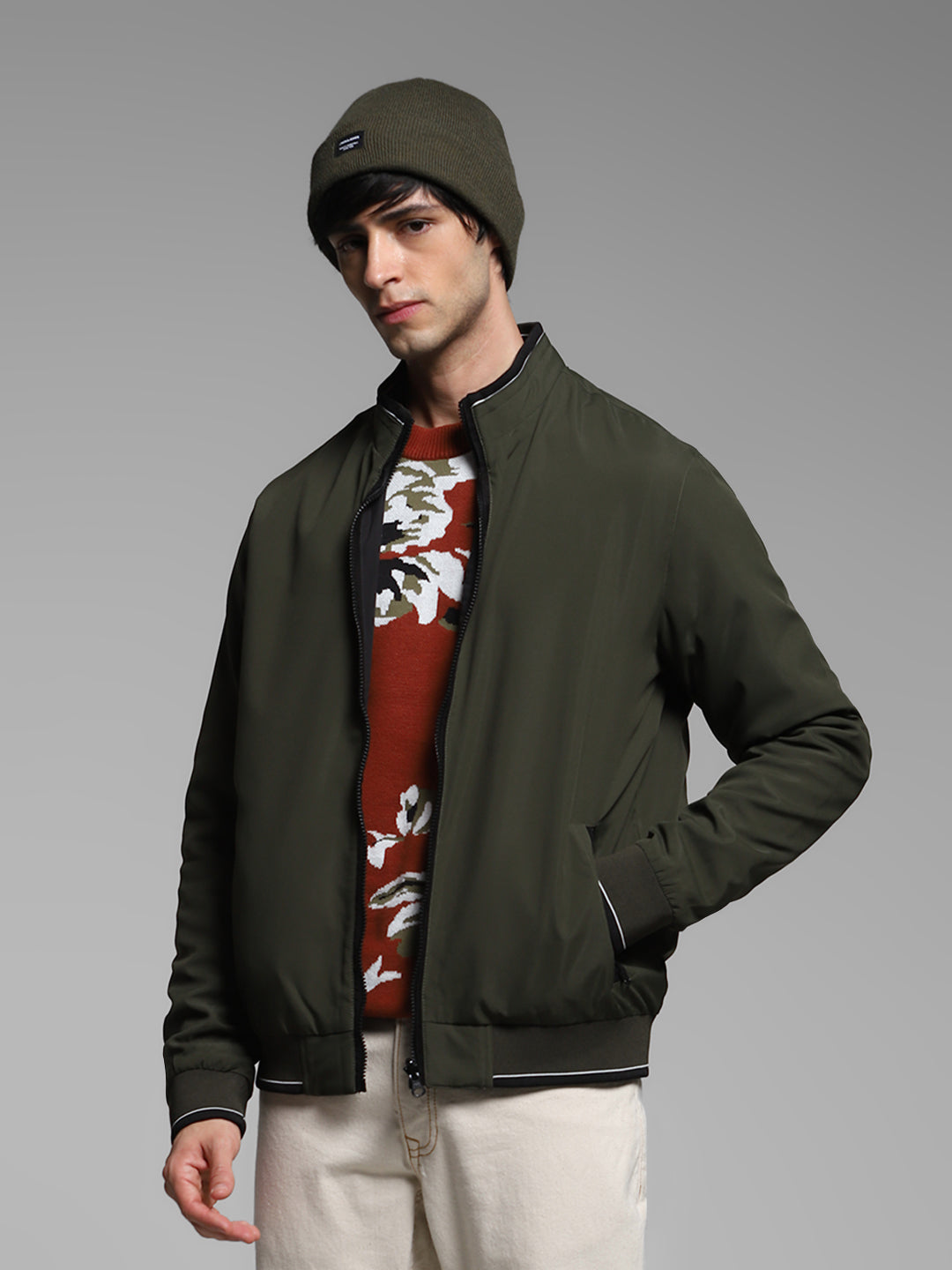 Men's Reversible Bomber Jacket In Forest Green With Zip Front - S