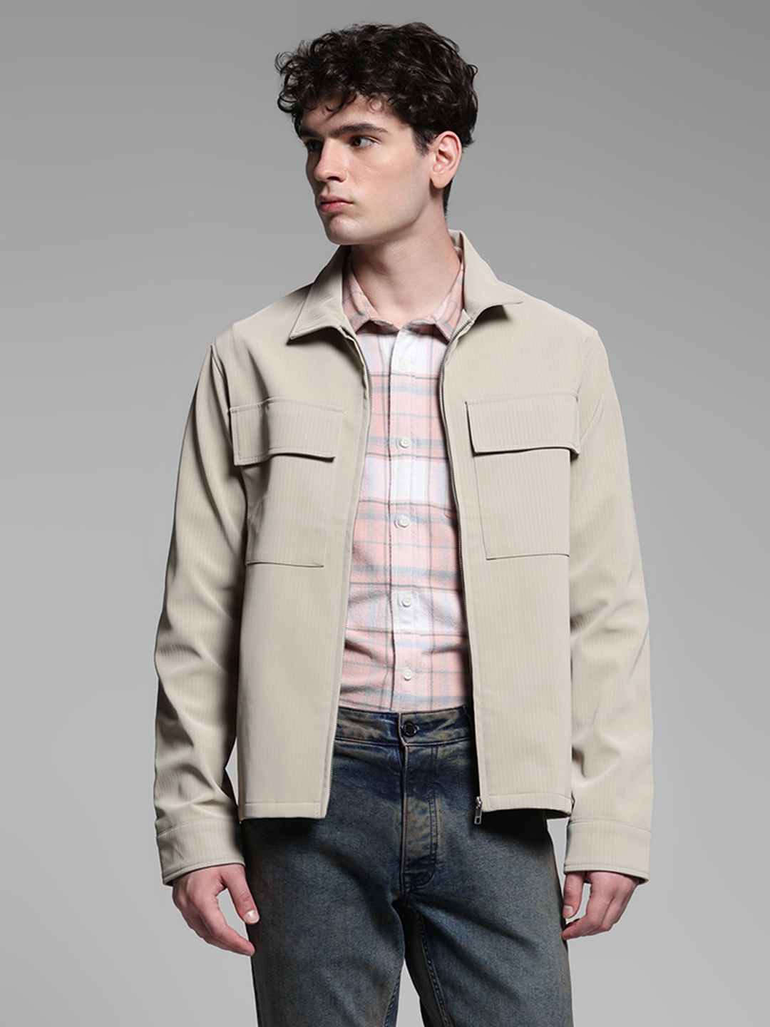 Beige Striped Shacket