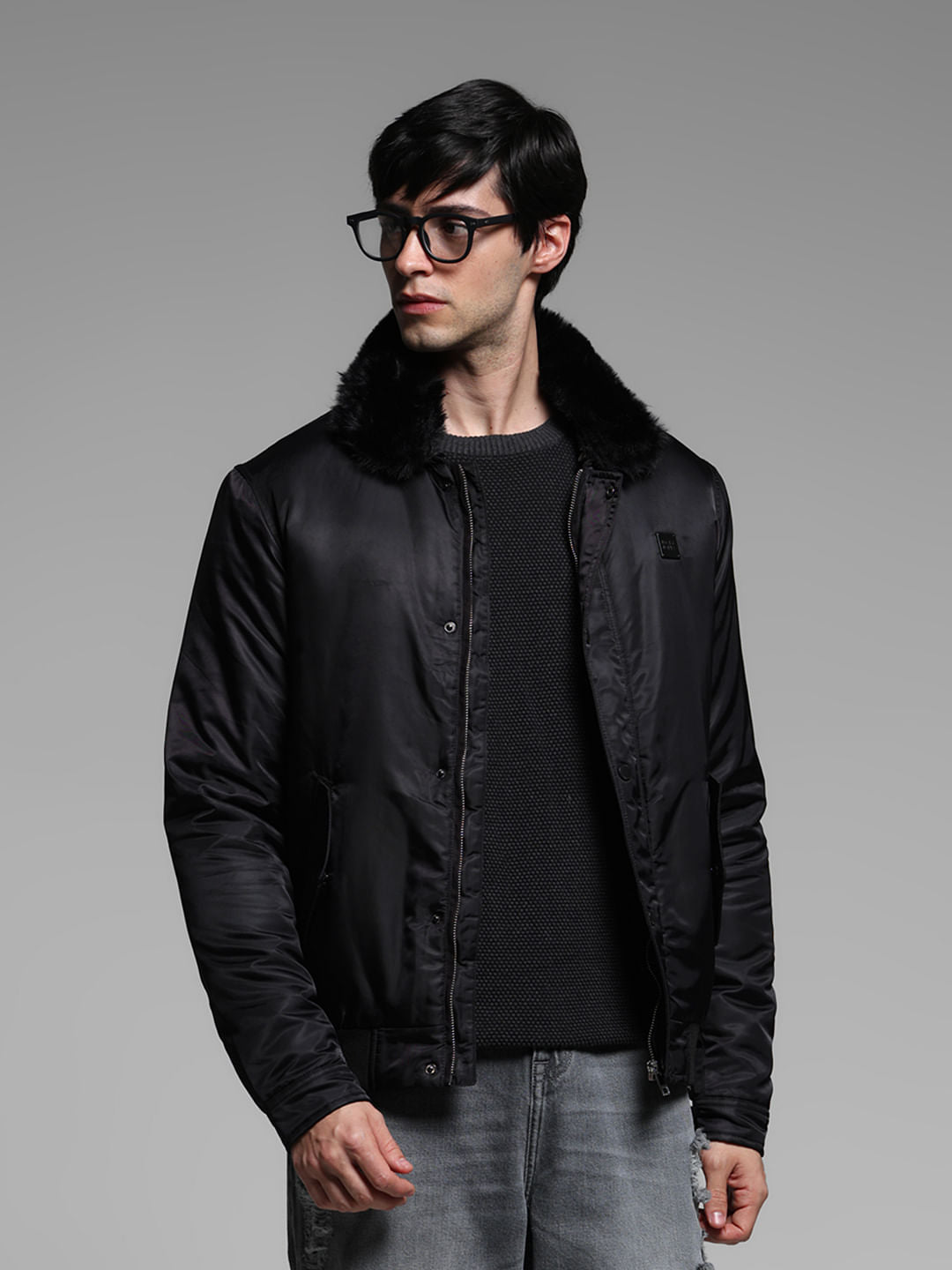 Black Fur Trim Puffer Jacket - S
