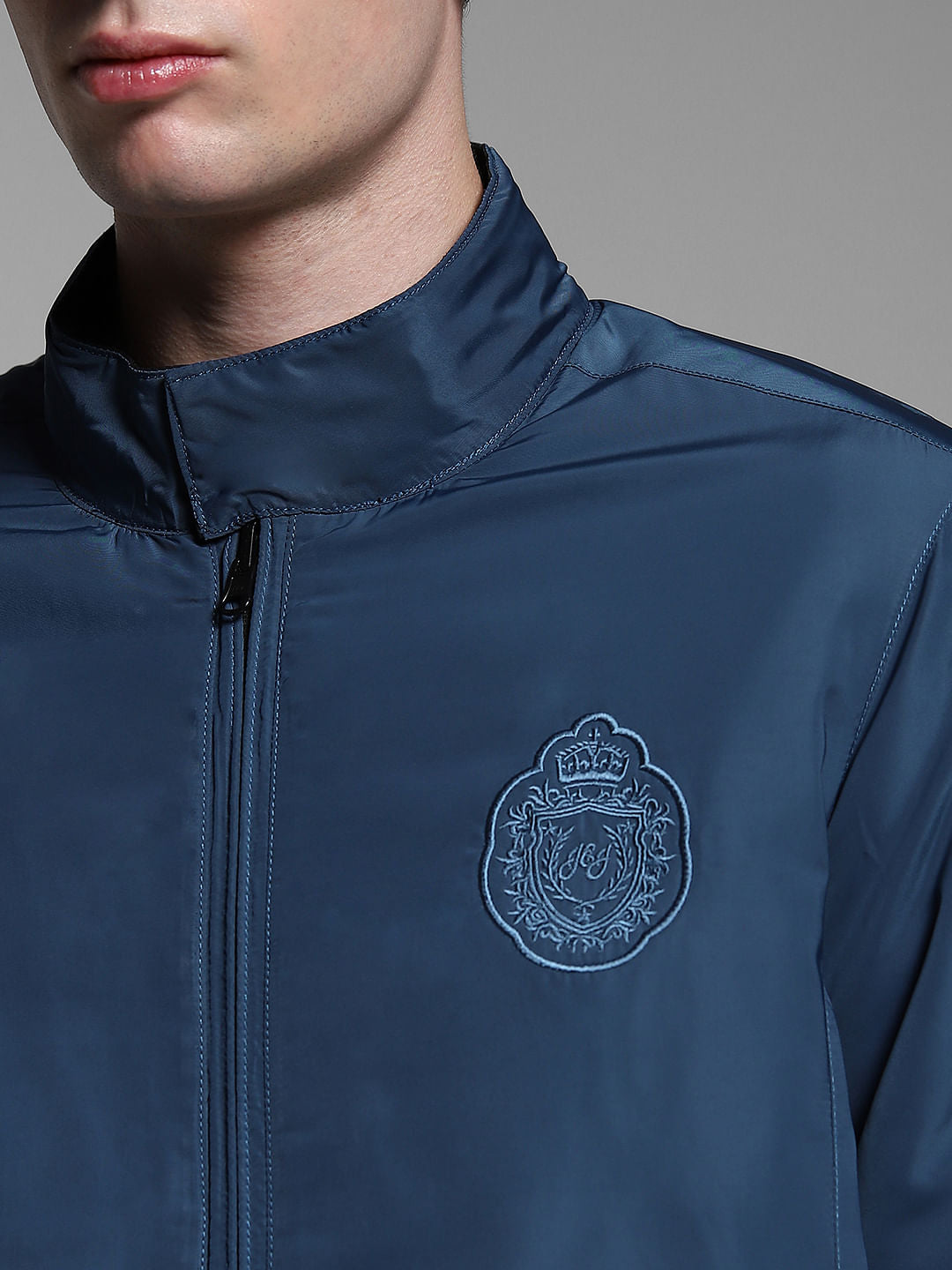 Dark Blue Reversible High Neck Bomber Jacket
