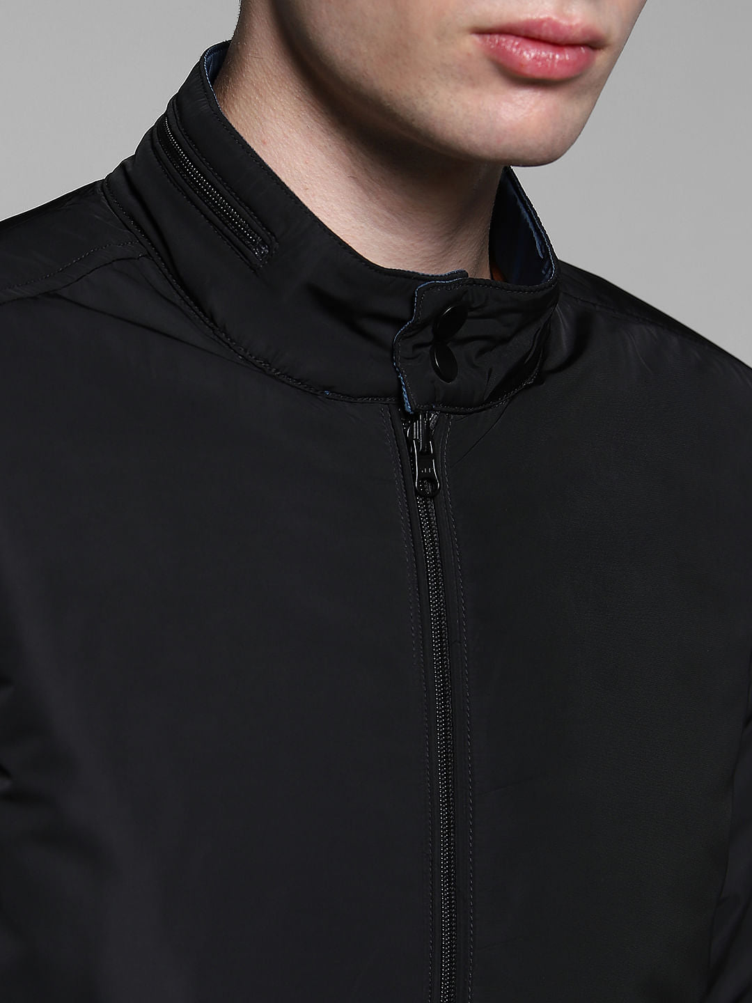Dark Blue Reversible High Neck Bomber Jacket