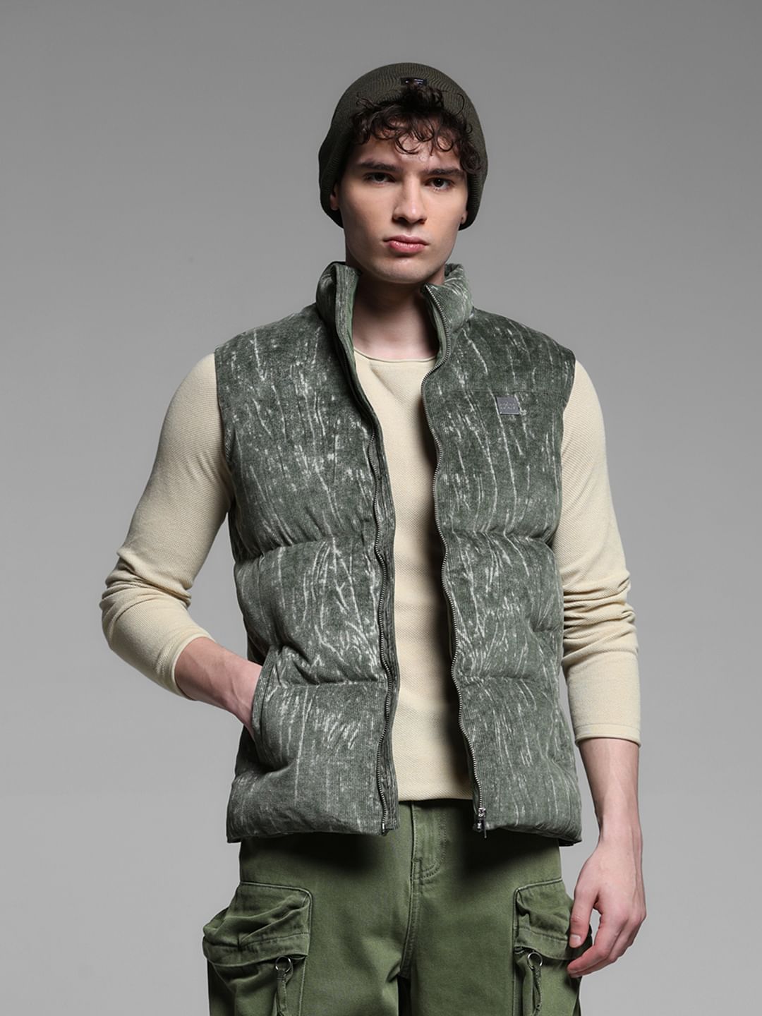 GREEN ABSTRACT PRINT VEST JACKET - S