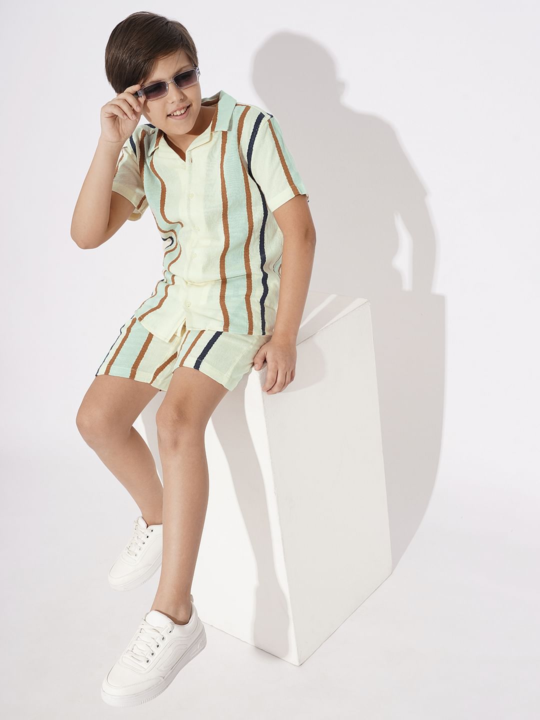 Green Dobby Striped Co-ord Set Shirt - 4/5Y