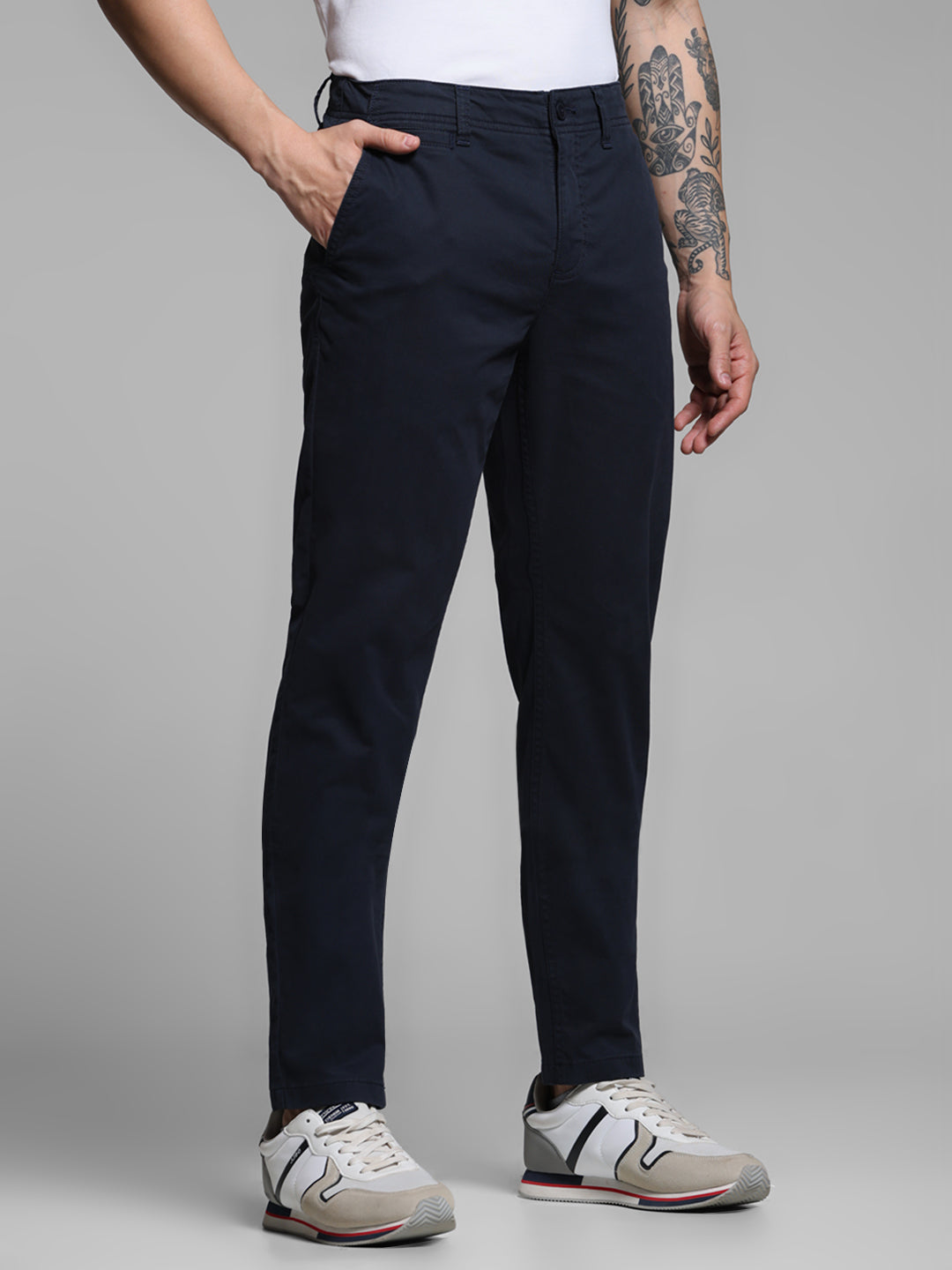 Men's Navy Blue Stretch Cotton Twill Chinos - Regular Fit