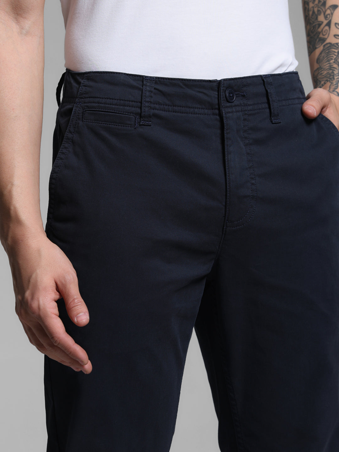 Men's Navy Blue Stretch Cotton Twill Chinos - Regular Fit