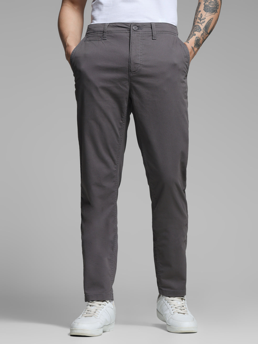 Men's Grey Stretch Cotton Twill Chinos - Regular Fit - 28/30
