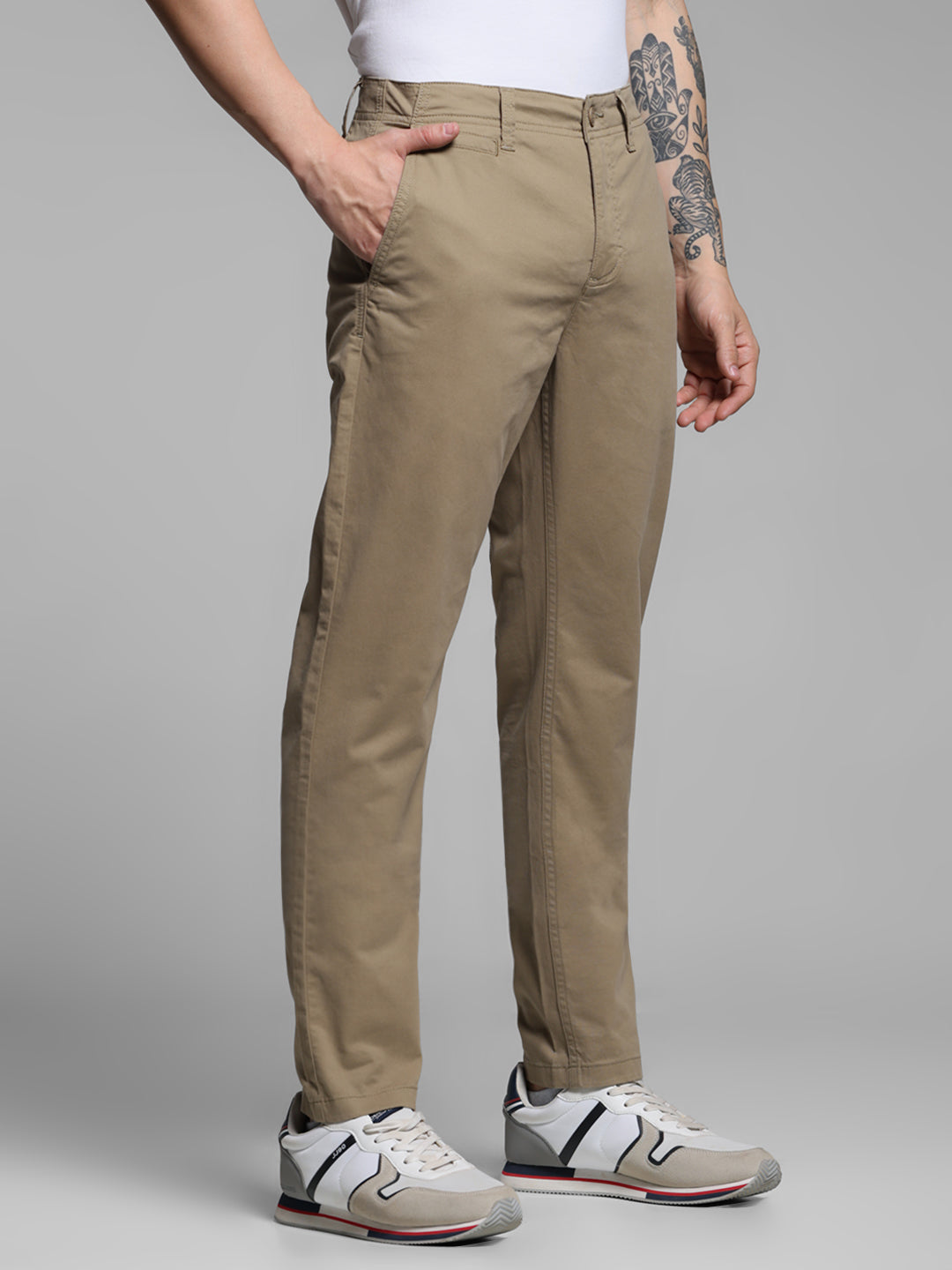 Men's Beige Stretch Cotton Twill Chinos Regular Fit