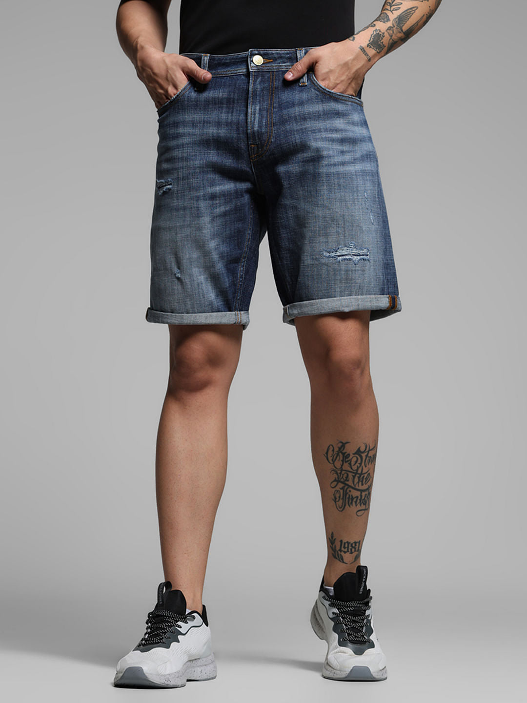Blue Mid Rise Distressed Denim Shorts - S