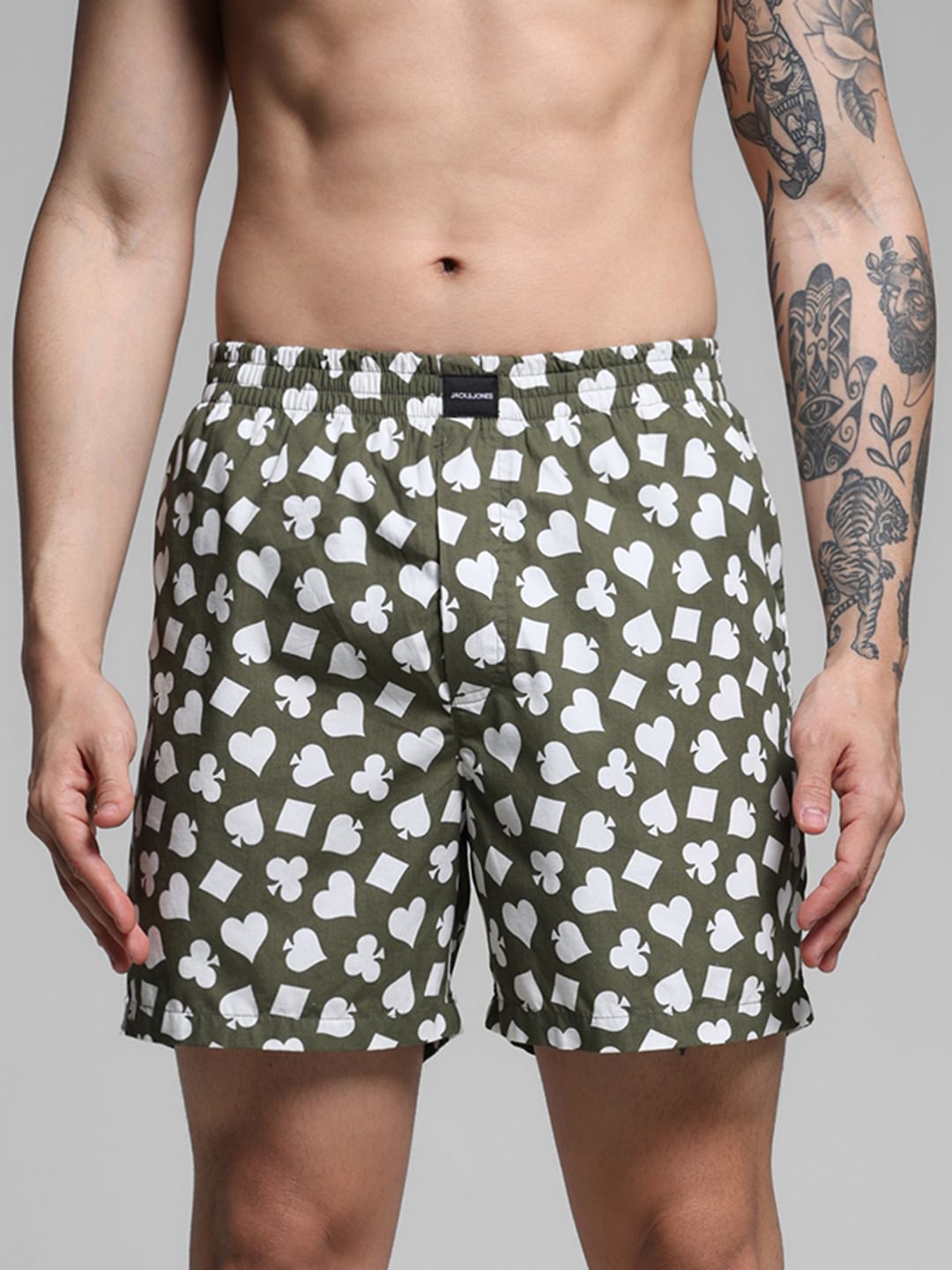 Green Card Print Cotton Boxers - S