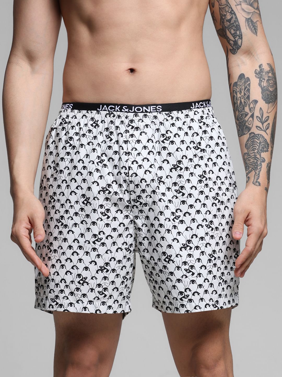 White Penguin Print Cotton Boxers - S