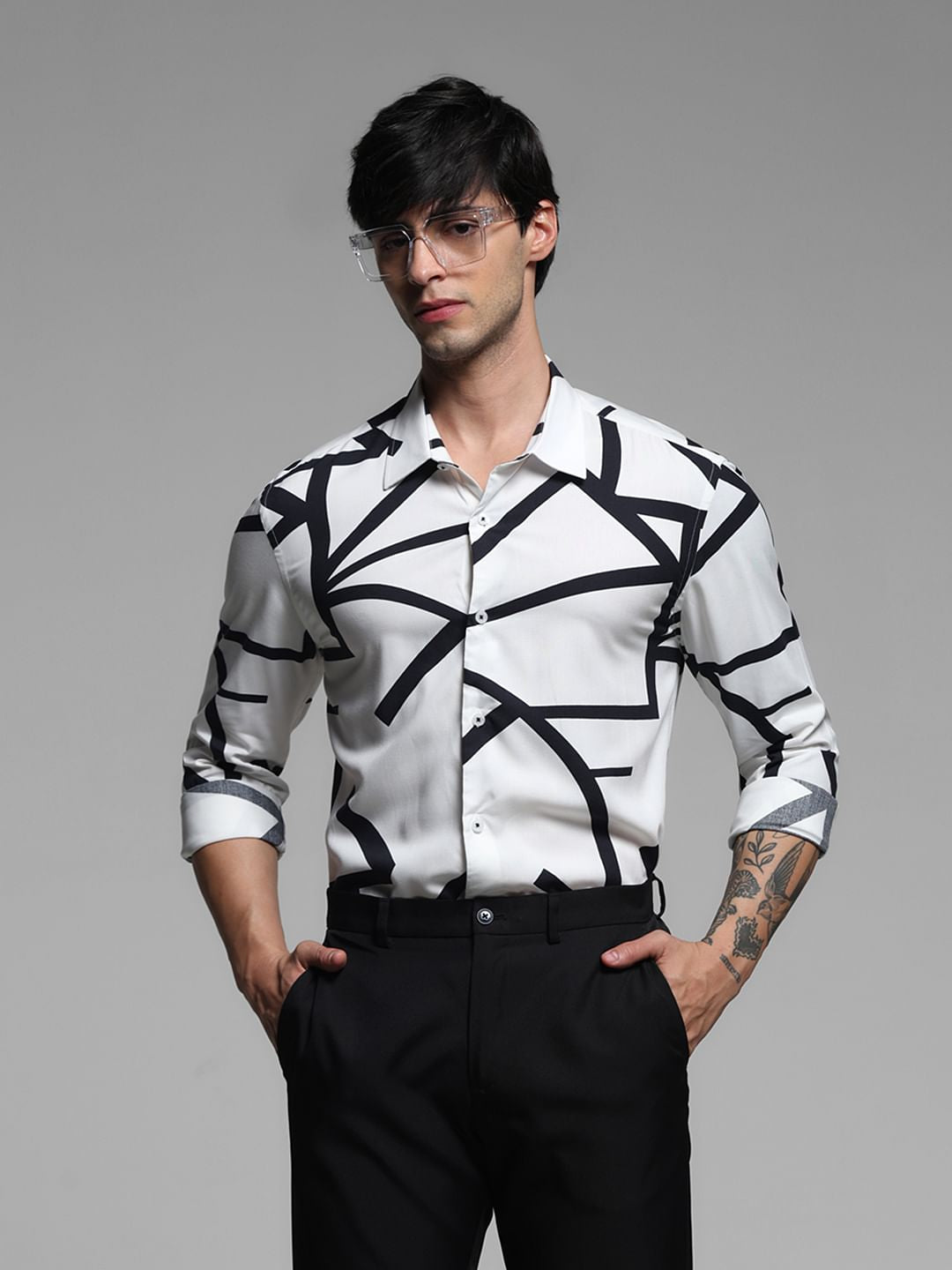 White Printed Rayon Full Sleeves Shirt - S