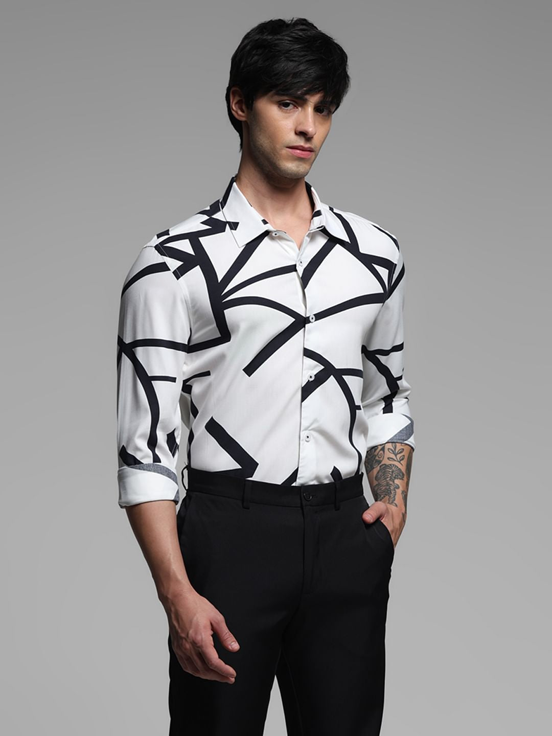 White Printed Rayon Full Sleeves Shirt