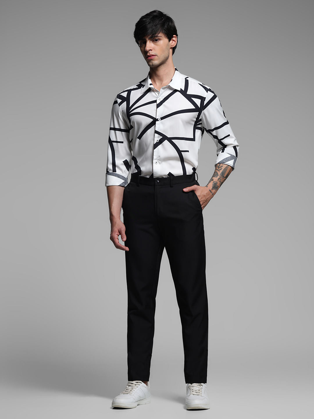 White Printed Rayon Full Sleeves Shirt