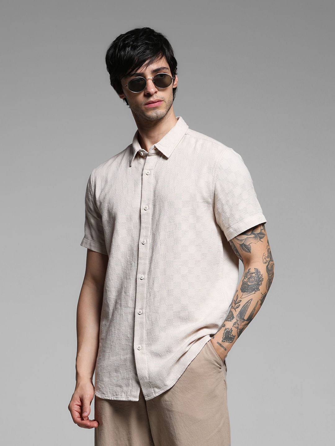 Beige Textured Cotton Shirt - S