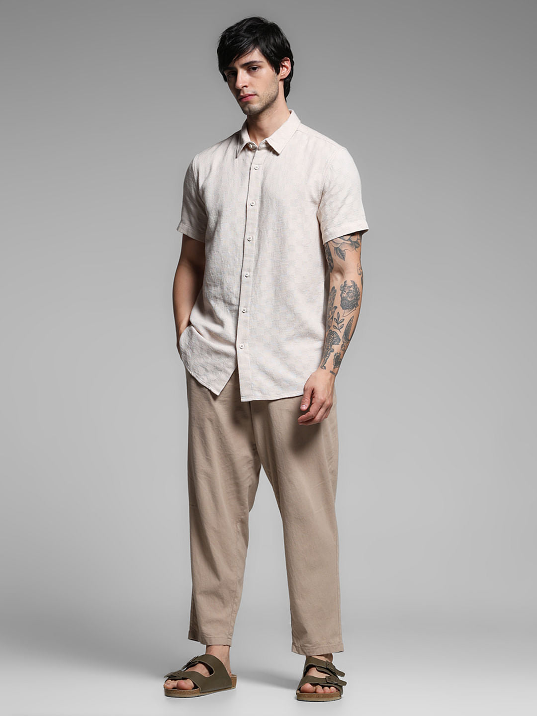 Beige Textured Cotton Shirt