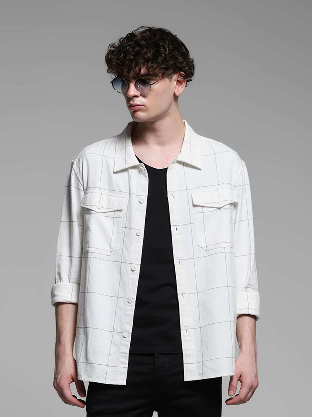 White Check Cotton Oversized Shirt - XL