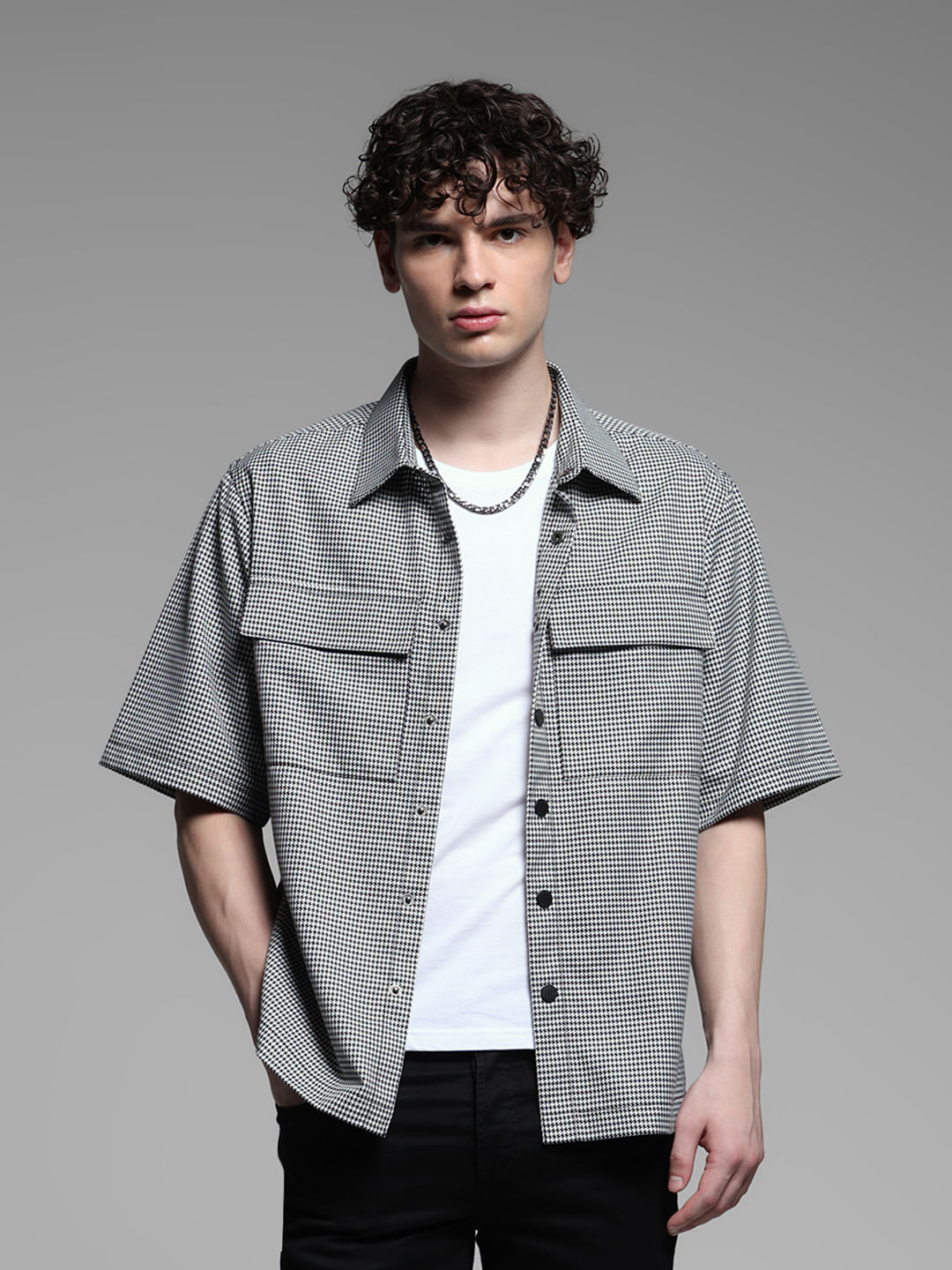 Black Check Cotton Short Sleeves Shirt - S