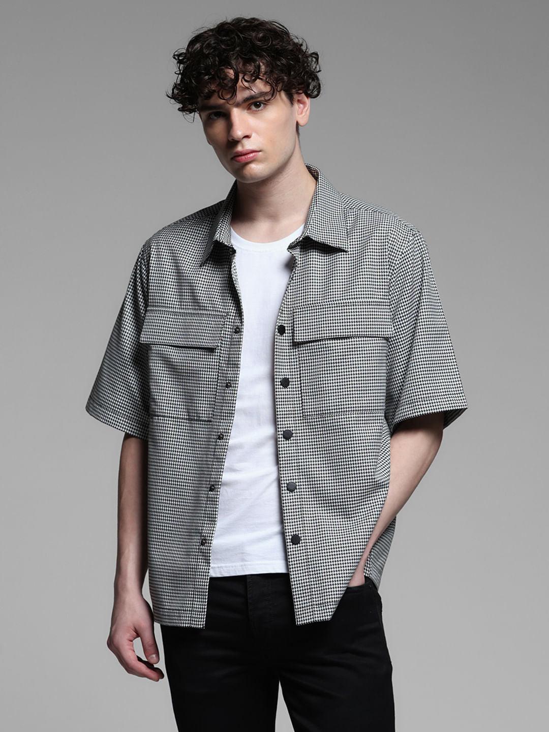 Black Check Cotton Short Sleeves Shirt
