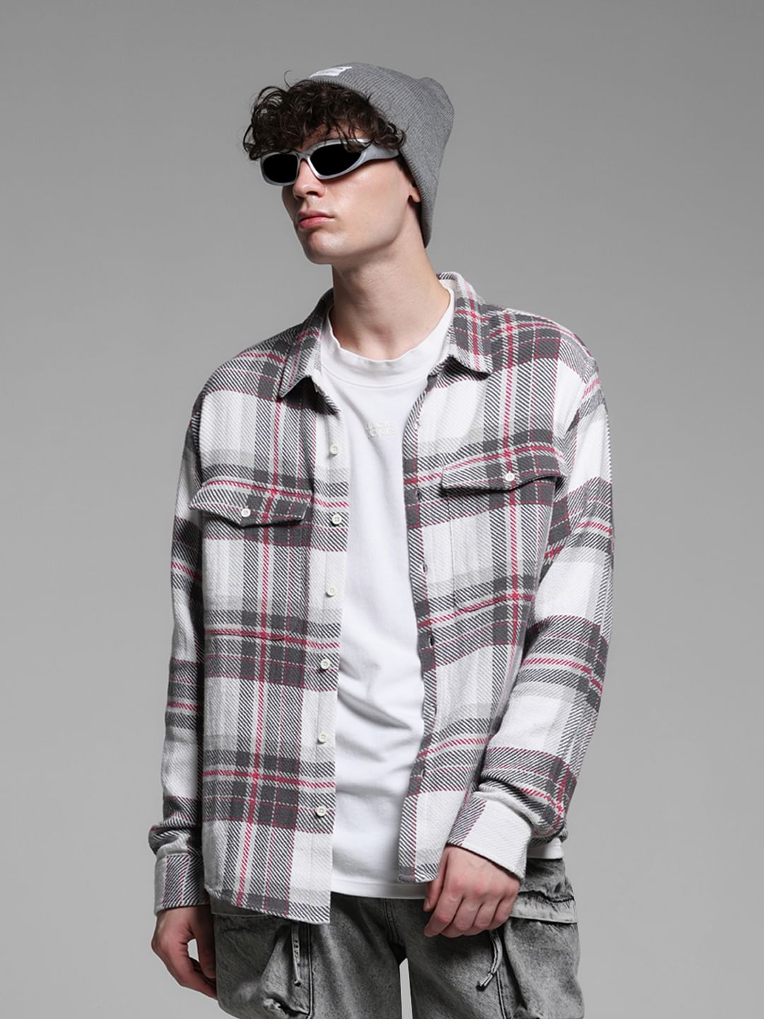 White Check Print Oversized Shirt - S