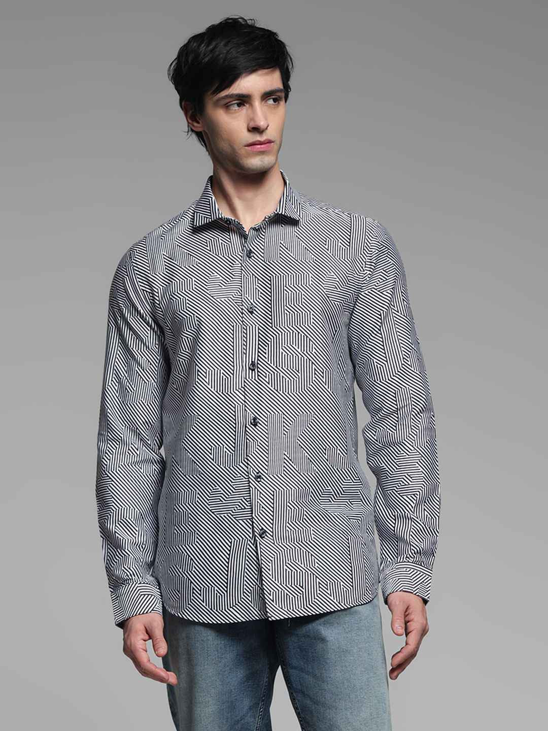 White & Black Striped Print Shirt