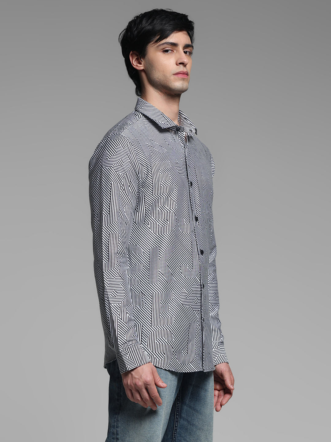 White & Black Striped Print Shirt