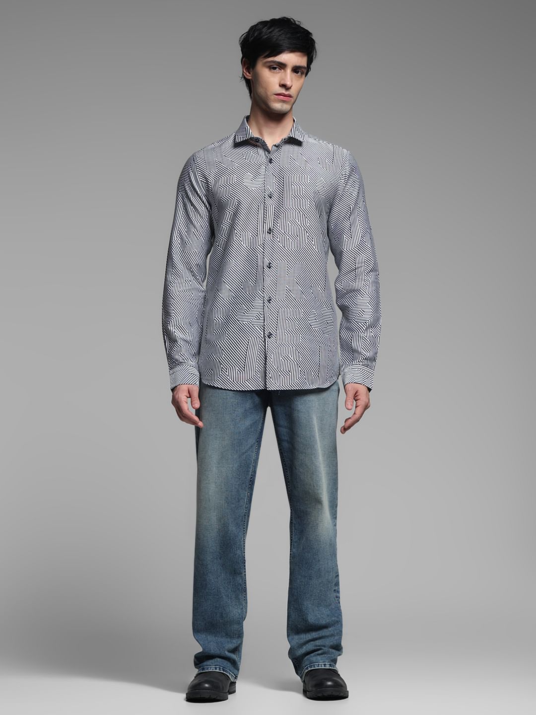 White & Black Striped Print Shirt