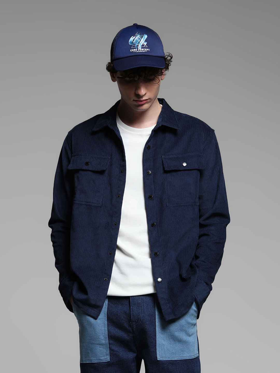 Dark Blue Oversized Corduroy Shirt - S