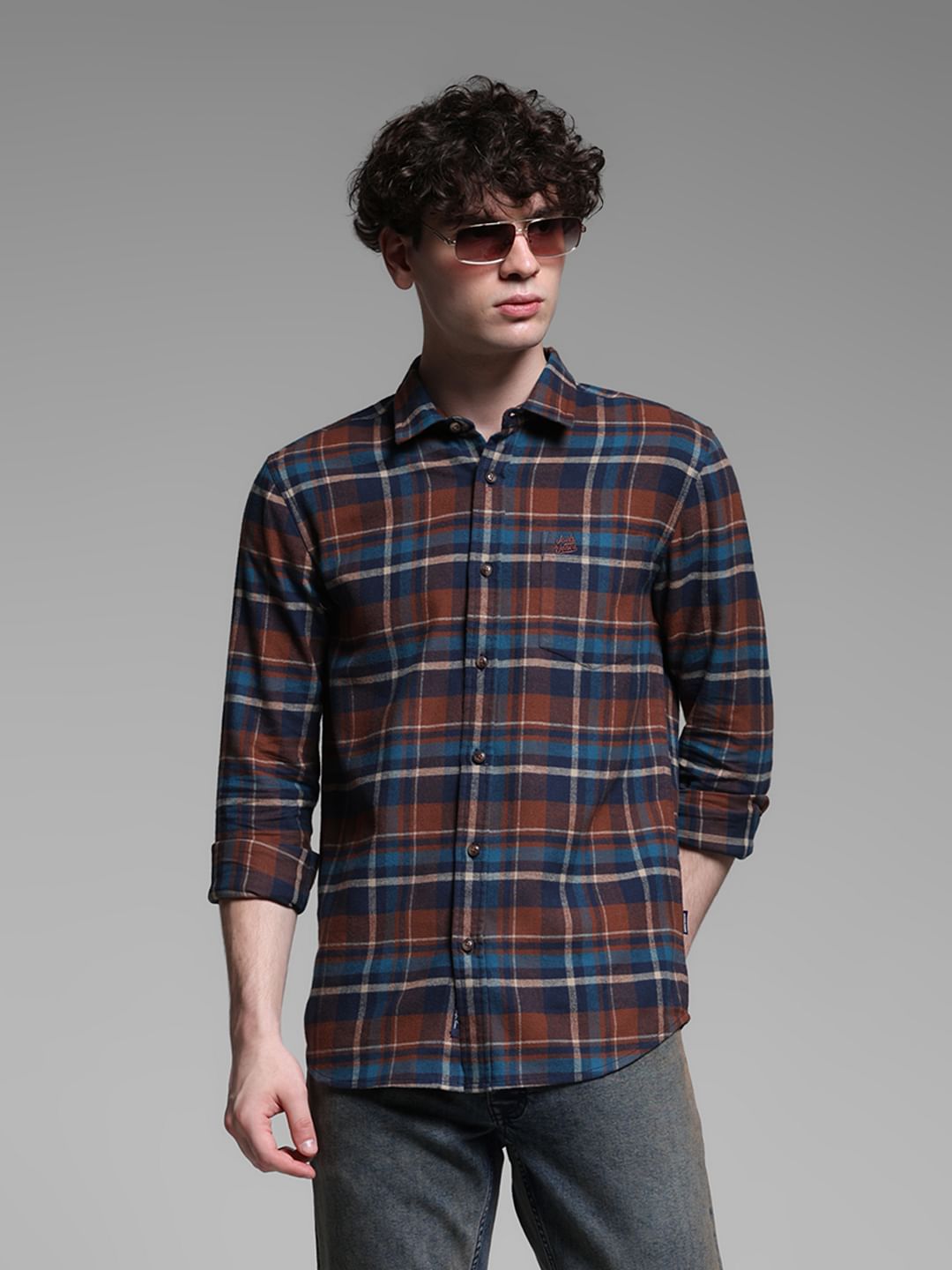 Brown Check Print Cotton Shirt - S