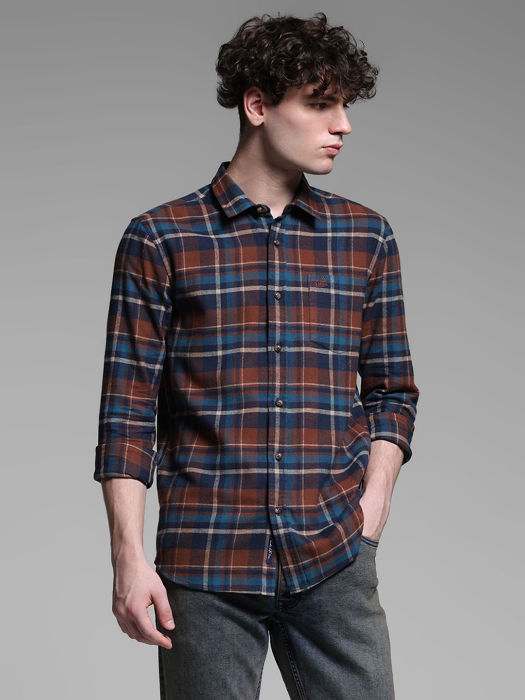 Brown Check Print Cotton Shirt