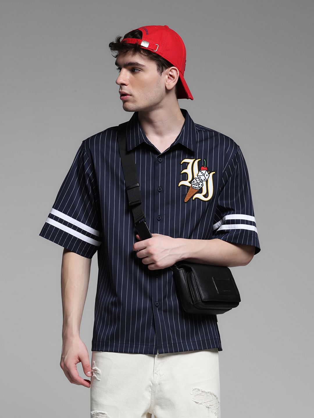 BLUE EMBROIDERED STRIPED SHIRT - S